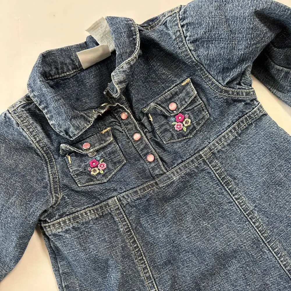 Vintage Cuddle Bear Denim Floral Embroidered Long Sleeve Dress Sz 18 mo